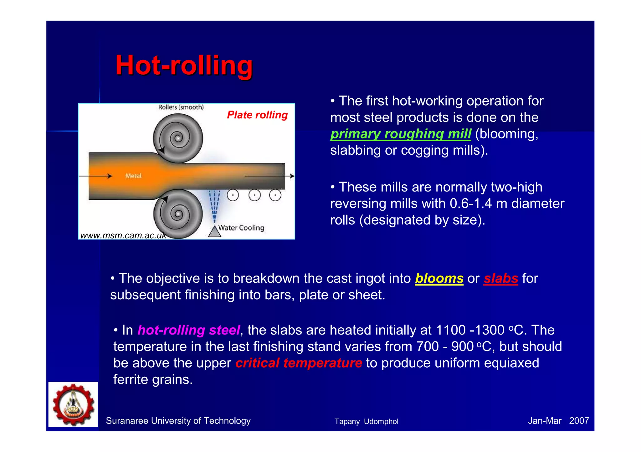 HHoott--rroolllliinngg 
• The first hot-working operation for 
most steel products is done on the 
primary roughing mill (blooming, 
slabbing or cogging mills). 
• These mills are normally two-high 
reversing mills with 0.6-1.4 m diameter 
rolls (designated by size). 
Plate rolling 
www.msm.cam.ac.uk 
• The objective is to breakdown the cast ingot into blooms or slabs for 
subsequent finishing into bars, plate or sheet. 
• In hot-rolling steel, the slabs are heated initially at 1100 -1300 oC. The 
temperature in the last finishing stand varies from 700 - 900 oC, but should 
be above the upper critical temperature to produce uniform equiaxed 
ferrite grains. 
Suranaree University of Technology Tapany Udomphol 
Jan-Mar 2007 
 