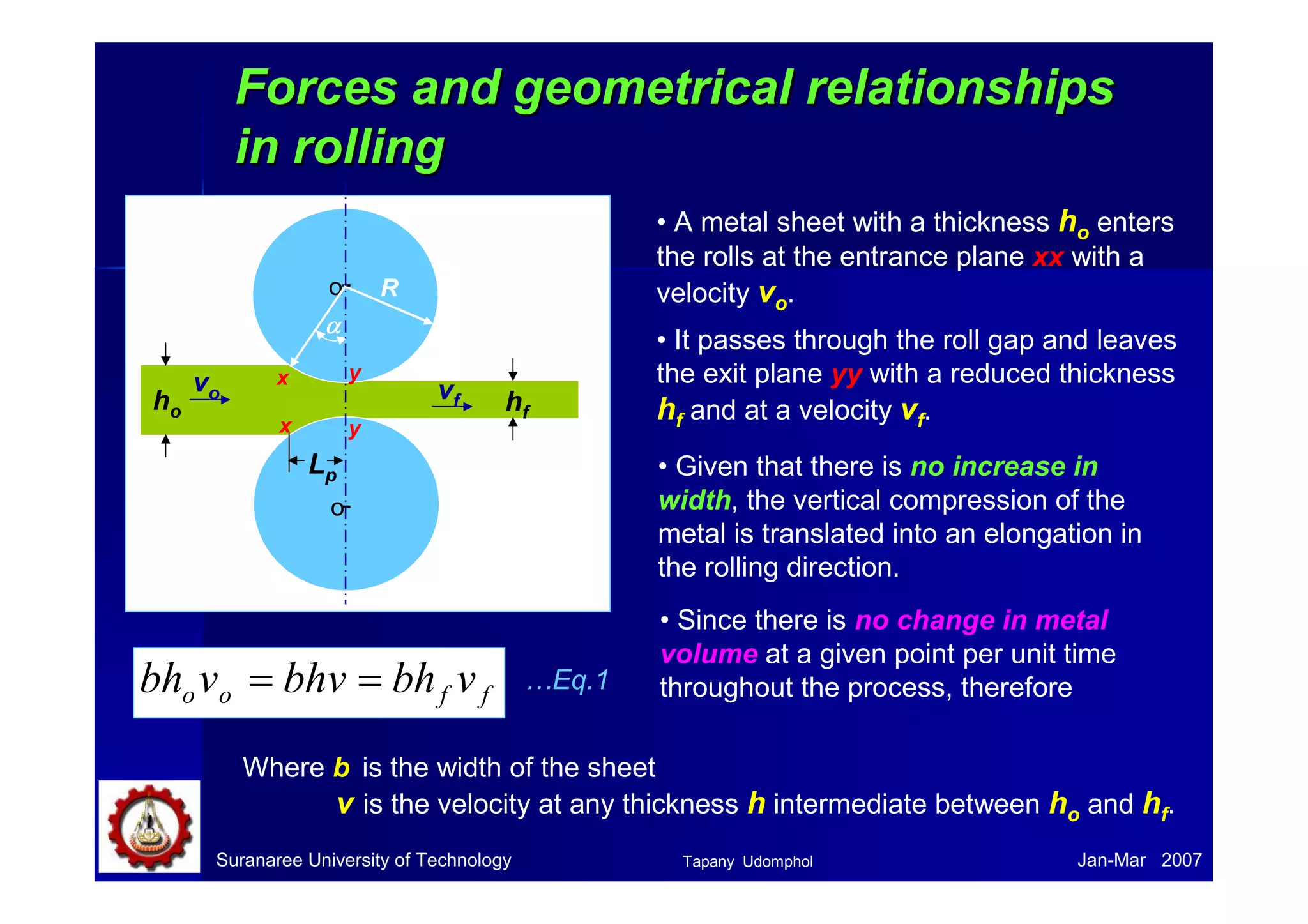 Forces and geometrical rreellaattiioonnsshhiippss 
iinn rroolllliinngg 
o R 
α 
x 
y 
vo vf 
hf ho 
Lp 
o 
x 
y 
• A metal sheet with a thickness ho enters 
the rolls at the entrance plane xx with a 
velocity vo. 
• It passes through the roll gap and leaves 
the exit plane yy with a reduced thickness 
hf and at a velocity vf. 
• Given that there is no increase in 
width, the vertical compression of the 
metal is translated into an elongation in 
the rolling direction. 
• Since there is no change in metal 
volume at a given point per unit time 
o o f f throughout the process, therefore bh v = bhv = bh v …Eq.1 
Where b is the width of the sheet 
v is the velocity at any thickness h intermediate between ho and hf. 
Suranaree University of Technology Tapany Udomphol 
Jan-Mar 2007 
 