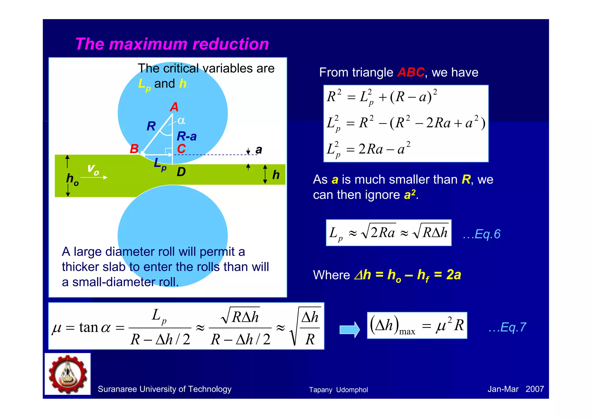 Therefore Free engagement will occur when μ  tan α 
Increase the effective values of μ 
, for example grooving the rolls 
parallel to the roll axis. 
Using big rolls to reduce tan α or 
if the roll diameter is fixed, reduce 
the ho 
+ 
α1 
α1αααα α2 2 
Suranaree University of Technology Tapany Udomphol 
Jan-Mar 2007 
 