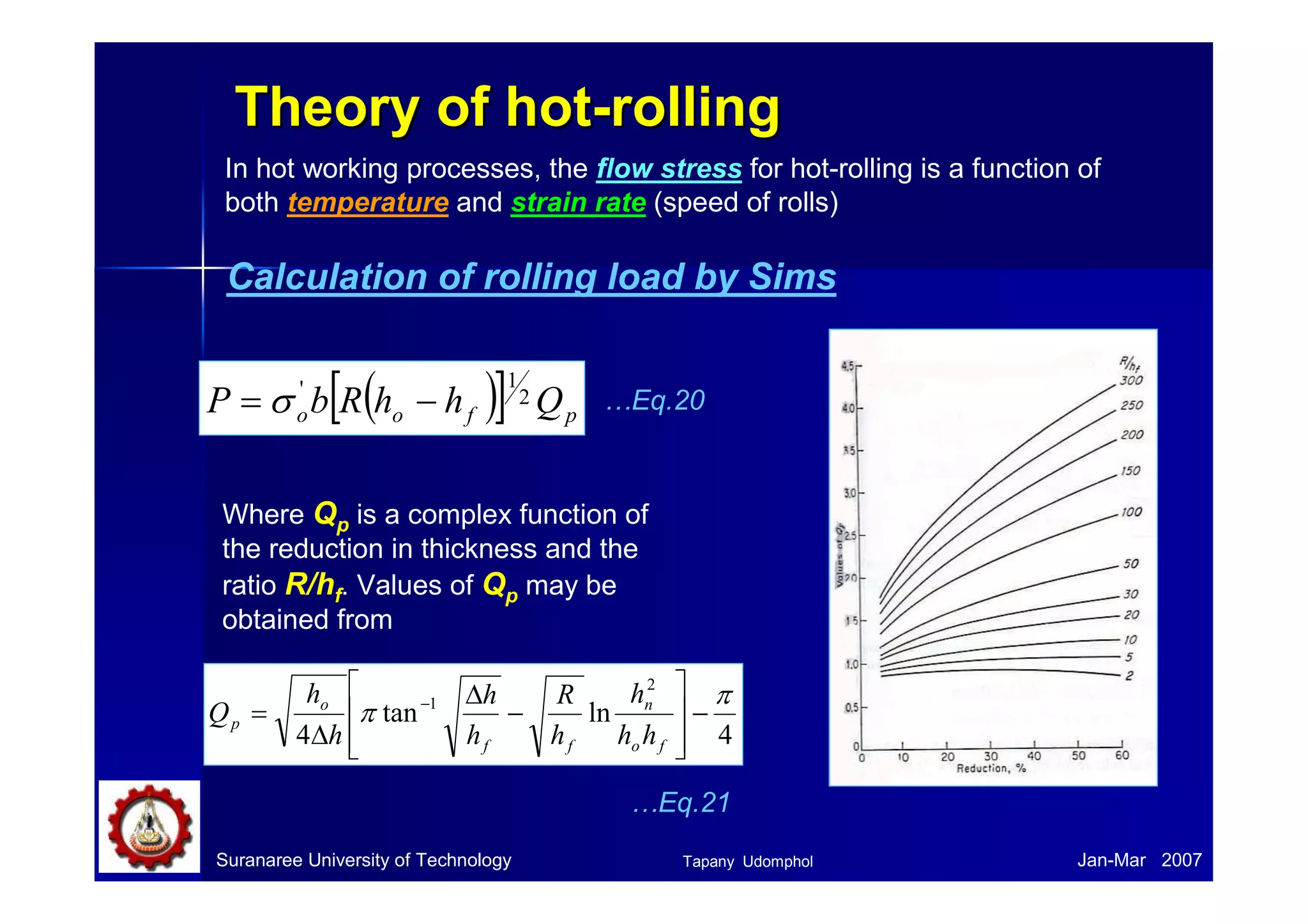 Uniform thickness 
• Under high rolling forces, the rolls flatten 
and bend, and the entire mill is elastically 
distorted. 
• Mill spring causes the thickness of the 
sheet exiting from the rolling mill to be 
greater than the roll gap set under no-load 
conditions. 
• Precise thickness rolling requires the 
elastic constant of the mill. Calibration 
curves are needed, see Fig. 
(1–3 GNm-1 for screw-loaded rolling mills, 4 
GNm-1 for hydraulically loaded mills). 
Suranaree University of Technology Tapany Udomphol Jan-Mar 2007 
 