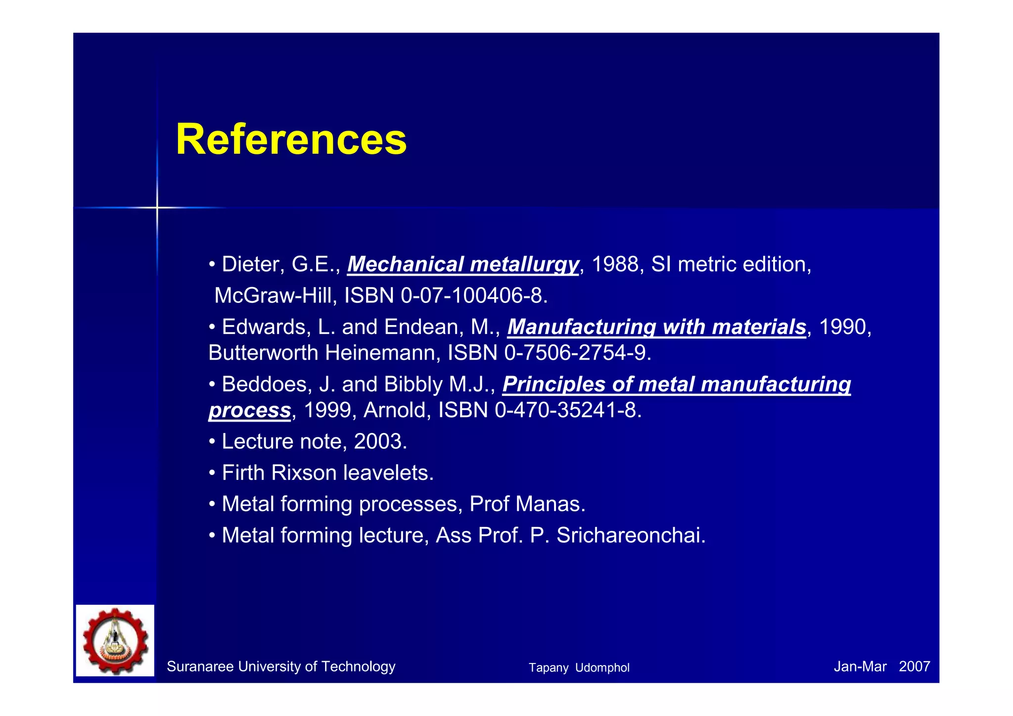 Possible effects when rolling with insufficient camber 
(a) (b) 
(c) 
(d) 
(e) 
• Thicker centre means the edges would be plastically elongated more 
than the centre, normally called long edges. 
• This induces the residual stress pattern of compression at the edges 
and tension along the centreline. 
• This can cause centreline cracking (c), warping (d) or edge 
wrinkling or crepe-paper effect or wavy edge (e). 
Suranaree University of Technology Tapany Udomphol 
Jan-Mar 2007 
 