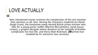 LOVE ACTUALLY
Nine intertwined stories examine the complexities of the one emotion
that connects us all: love. Among the characters explored are David
(Hugh Grant), the handsome newly elected British prime minister who
falls for a young junior staffer (Martine McCutcheon), Sarah (Laura
Linney), a graphic designer whose devotion to her mentally ill brother
complicates her love life, and Harry (Alan Rickman), a married man
tempted by his attractive new secretary.
“
”
 