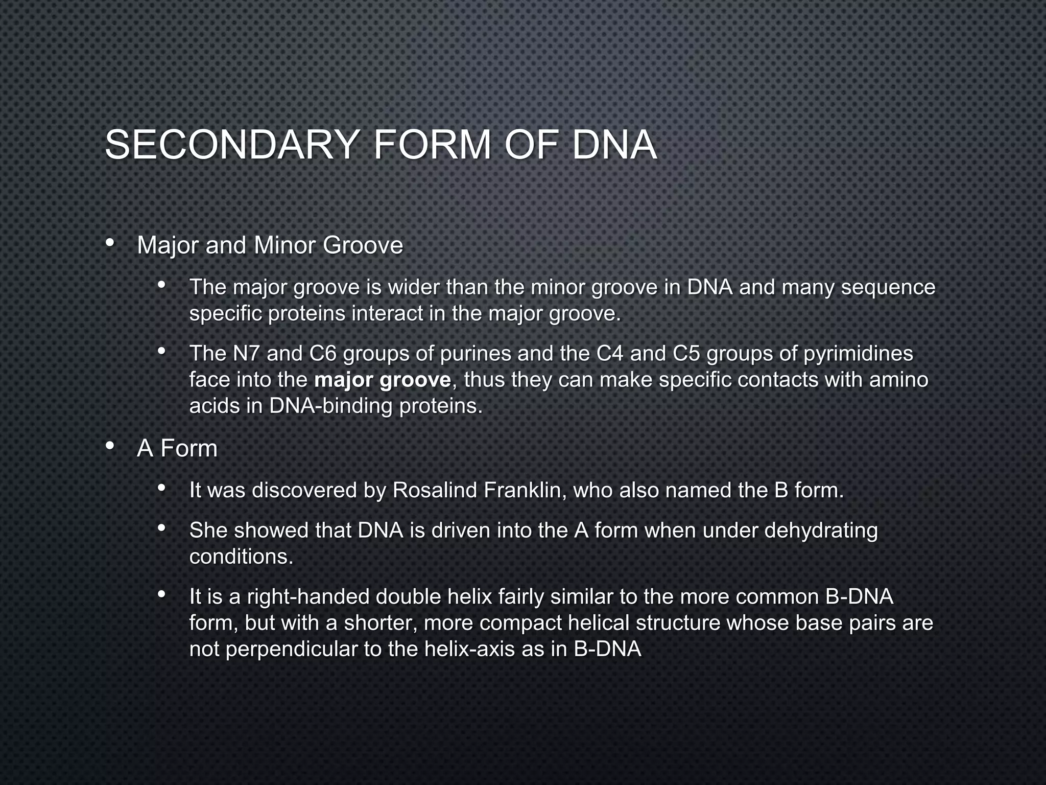 SECONDARY FORM OF DNA
• Major and Minor Groove
• The major groove is wider than the minor groove in DNA and many sequence
specific proteins interact in the major groove.
• The N7 and C6 groups of purines and the C4 and C5 groups of pyrimidines
face into the major groove, thus they can make specific contacts with amino
acids in DNA-binding proteins.
• A Form
• It was discovered by Rosalind Franklin, who also named the B form.
• She showed that DNA is driven into the A form when under dehydrating
conditions.
• It is a right-handed double helix fairly similar to the more common B-DNA
form, but with a shorter, more compact helical structure whose base pairs are
not perpendicular to the helix-axis as in B-DNA
 