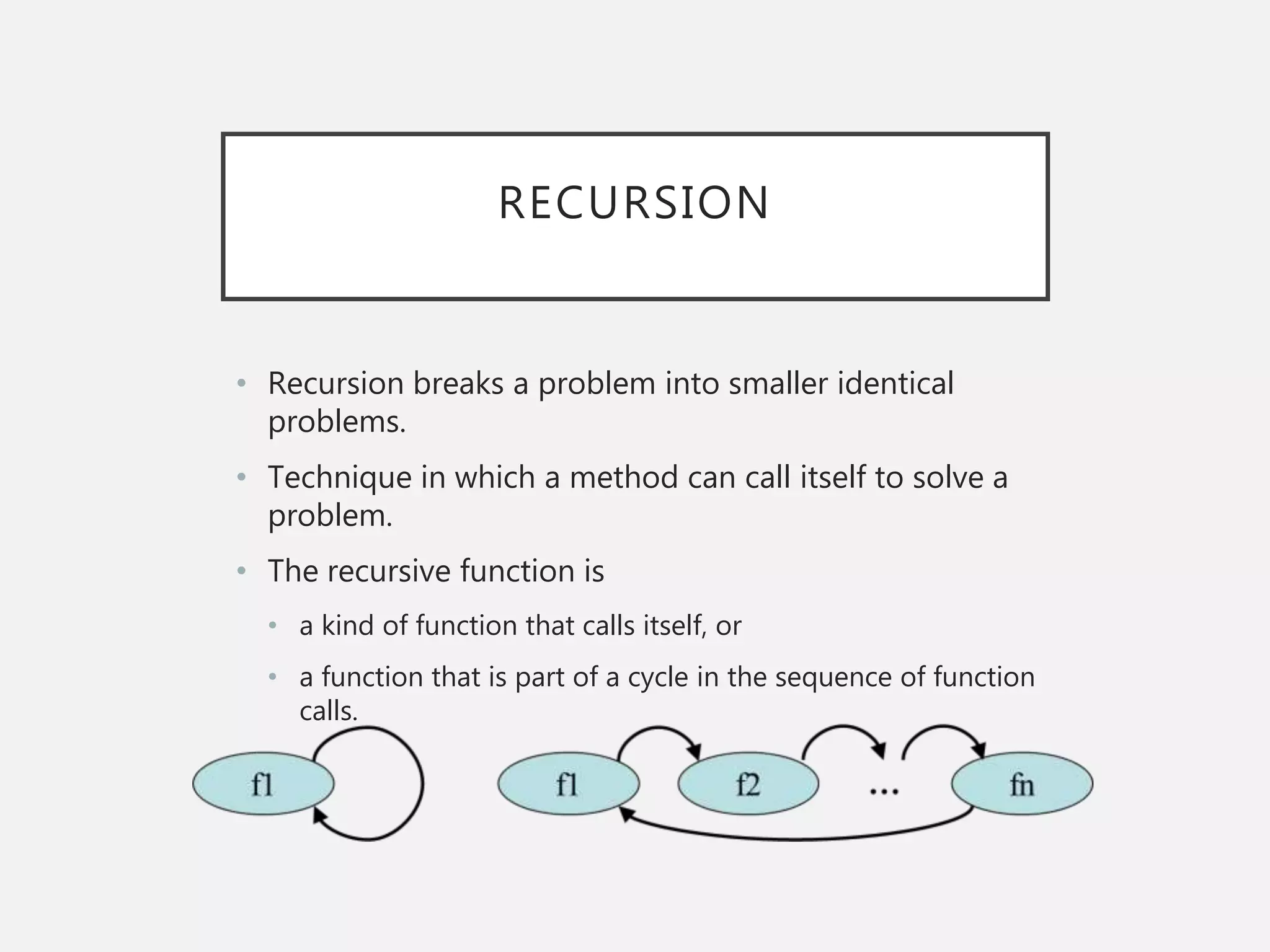 RECURSION
• Recursion breaks a problem into smaller identical
problems.
• Technique in which a method can call itself to solve a
problem.
• The recursive function is
• a kind of function that calls itself, or
• a function that is part of a cycle in the sequence of function
calls.
 