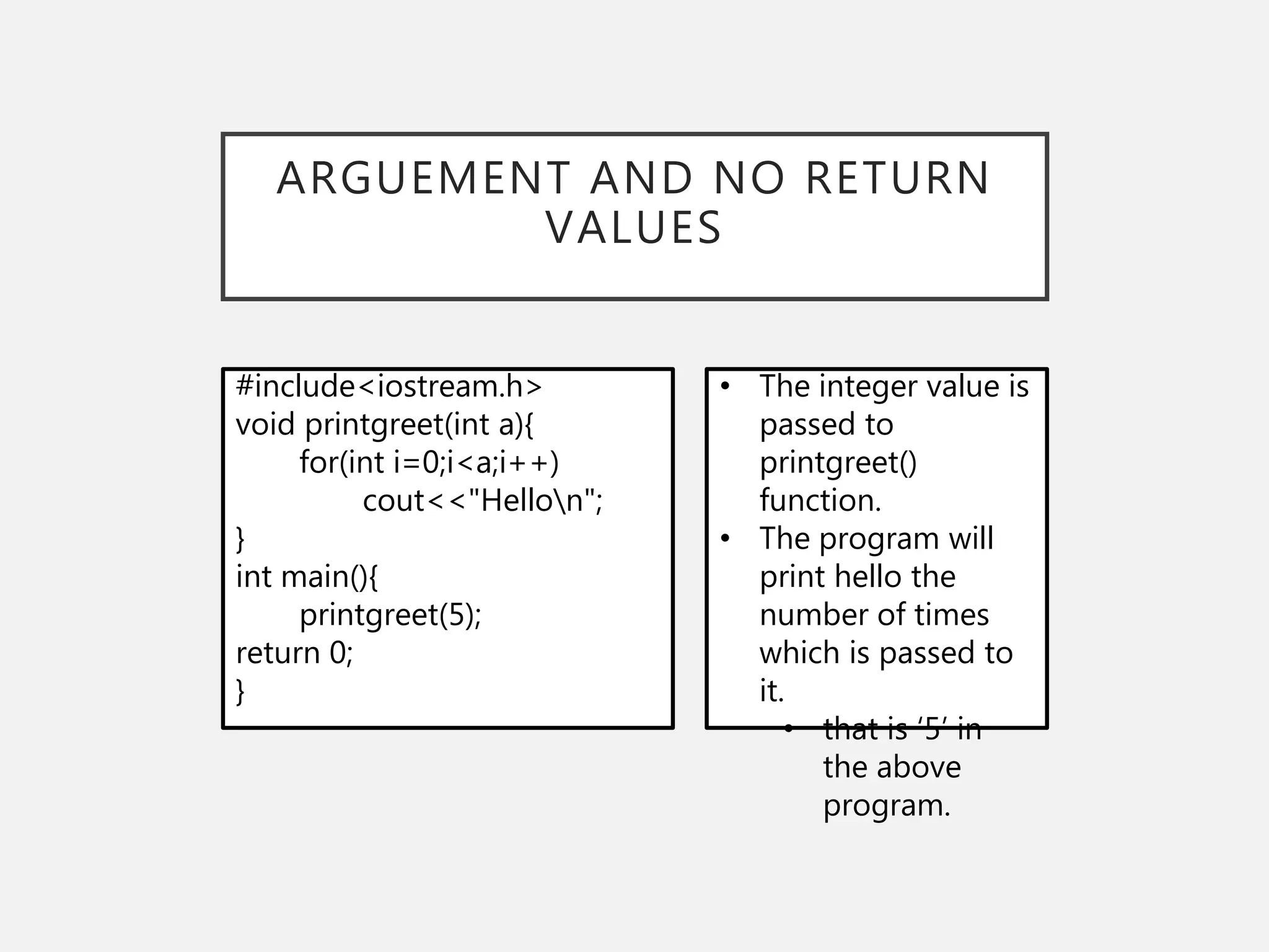 ARGUEMENT AND NO RETURN
VALUES
#include<iostream.h>
void printgreet(int a){
for(int i=0;i<a;i++)
cout<<"Hellon";
}
int main(){
printgreet(5);
return 0;
}
• The integer value is
passed to
printgreet()
function.
• The program will
print hello the
number of times
which is passed to
it.
• that is ‘5’ in
the above
program.
 