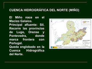 CUENCA HIDROGRÁFICA DEL NORTE (MIÑO)
El Miño nace en el
Macizo Galaico.
Principal afluente: Sil.
Recorre las provincias
de Lugo, Orense y
Pontevedra,
donde
marca frontera con
Portugal.
Queda englobado en la
Cuenca
Hidrográfica
del Norte.

 