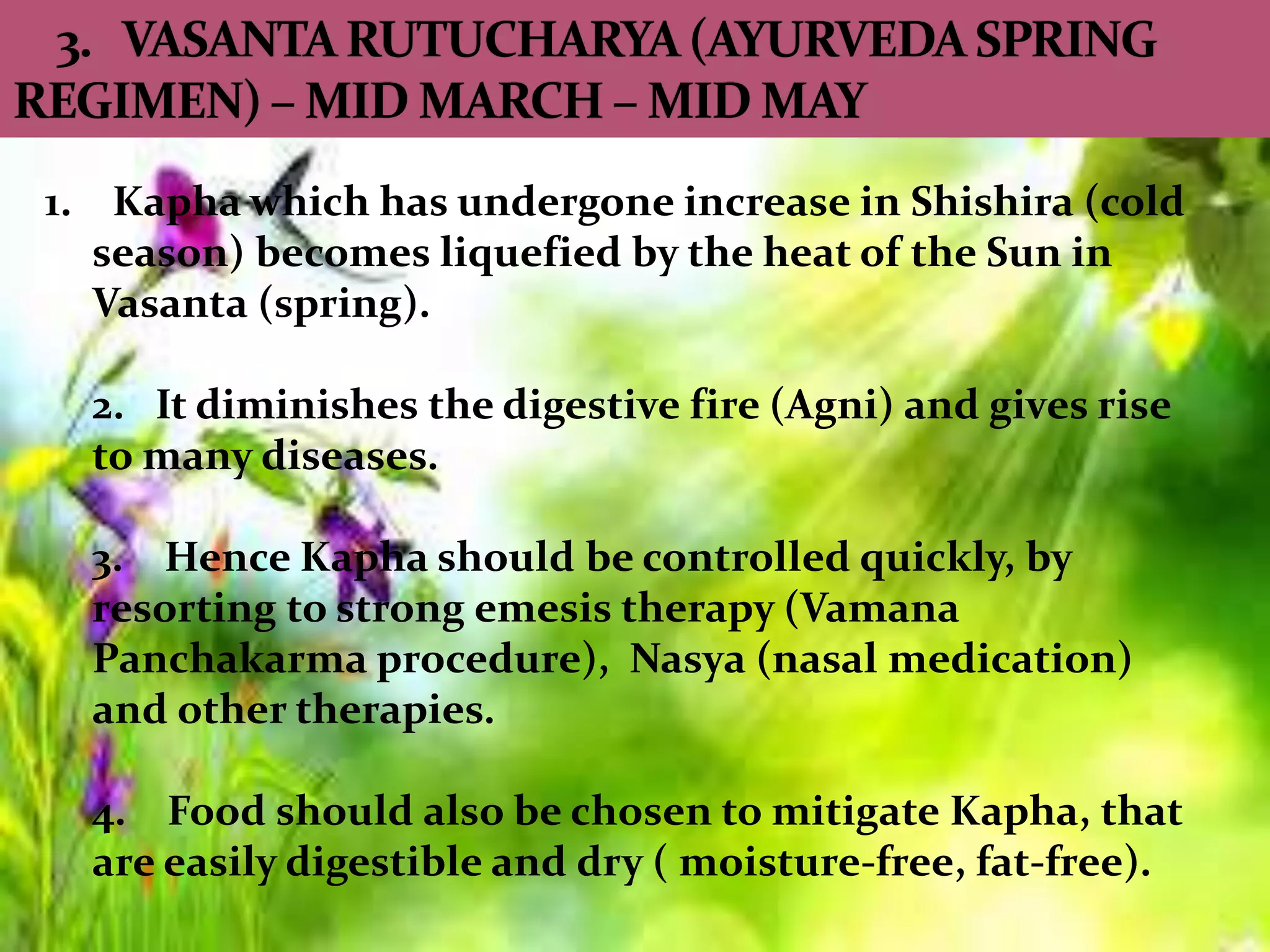 1. Kapha which has undergone increase in Shishira (cold
season) becomes liquefied by the heat of the Sun in
Vasanta (spring).
2. It diminishes the digestive fire (Agni) and gives rise
to many diseases.
3. Hence Kapha should be controlled quickly, by
resorting to strong emesis therapy (Vamana
Panchakarma procedure), Nasya (nasal medication)
and other therapies.
4. Food should also be chosen to mitigate Kapha, that
are easily digestible and dry ( moisture-free, fat-free).
 