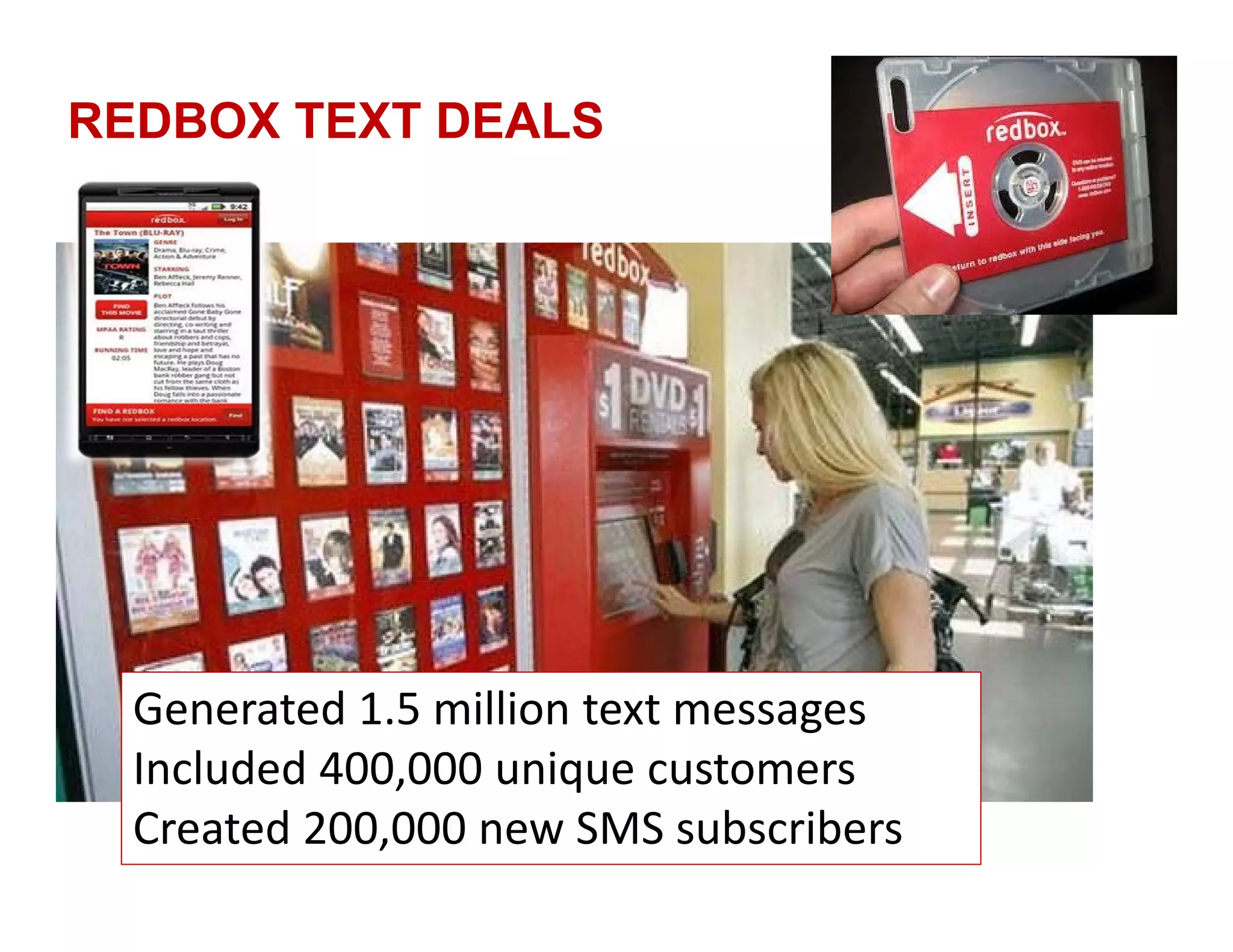 REDBOX TEXT DEALS




  Generated 1.5 million text messages
  Included 400,000 unique customers
  Created 200,000 new SMS subscribers
 