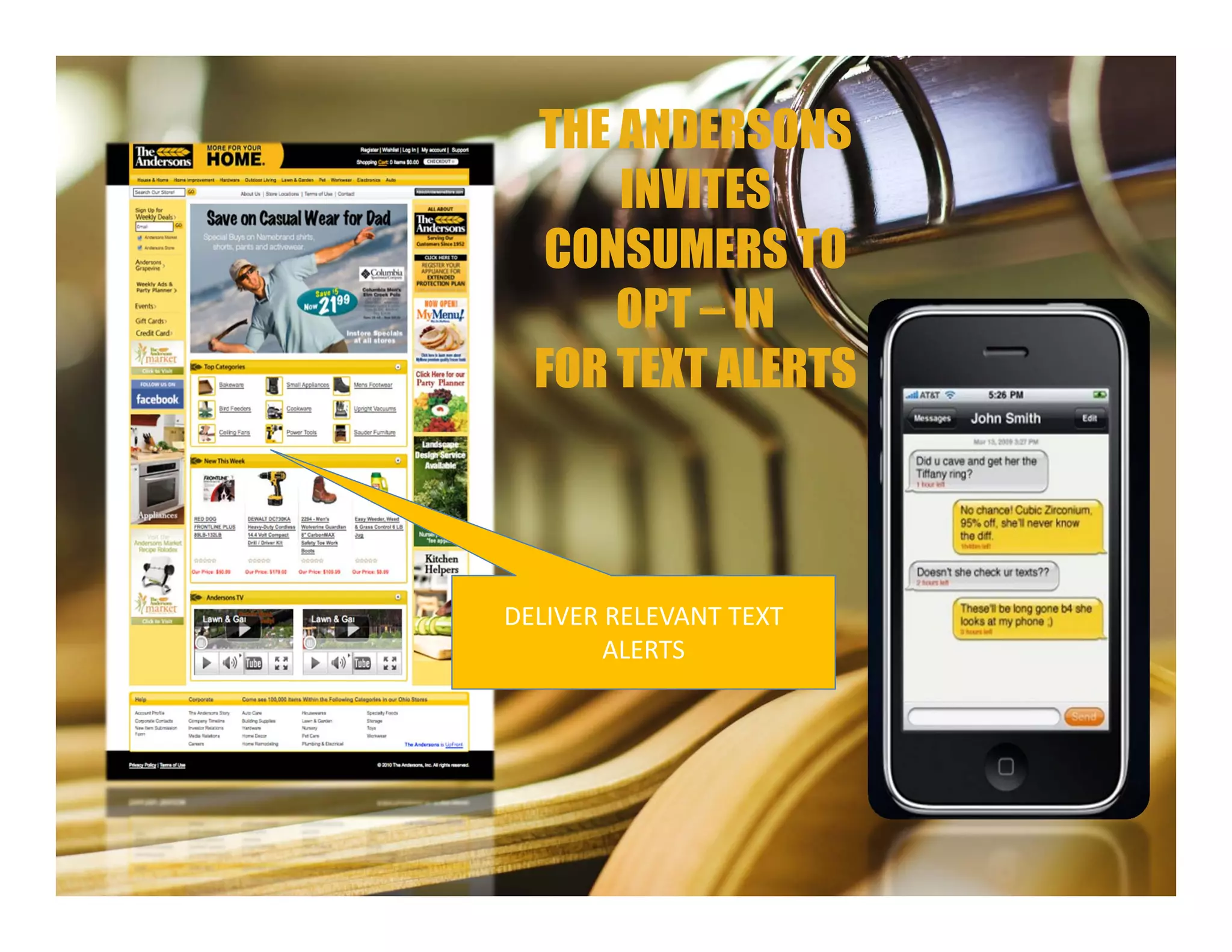 THE ANDERSONS
      INVITES
   CONSUMERS TO
      OPT – IN
  FOR TEXT ALERTS



DELIVER RELEVANT TEXT 
        ALERTS 
 