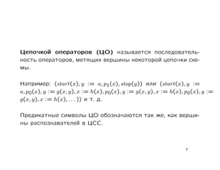 Цепочкой операторов (ЦО) называется последователь-
ность операторов, метящих вершины некоторой цепочки схе-
мы.

Например: (start(x), y := a, p1(x), stop(y)) или (start(x), y :=
a, p0(x), y := g(x, y), x := h(x), p0(x), y := g(x, y), x := h(x), p0(x), y :=
g(x, y), x := h(x), . . . )) и т. д.

Предикатные символы ЦО обозначаются так же, как верши-
ны распознавателей в ЦСС.



                                                                  7
 