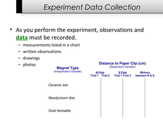 Experiment Data Collection
• As you perform the experiment, observations and
data must be recorded.
– measurements listed in a chart
– written observations
– drawings
– photos
Magnet Type
(Independent Variable)
Distance to Paper Clip (cm)
(Dependent Variable)
N Pole
Trial 1 Trial 2
S Pole
Trial 1 Trial 2
Midway
between N & S
Ceramic bar
Neodymium disc
Oval hematite
 