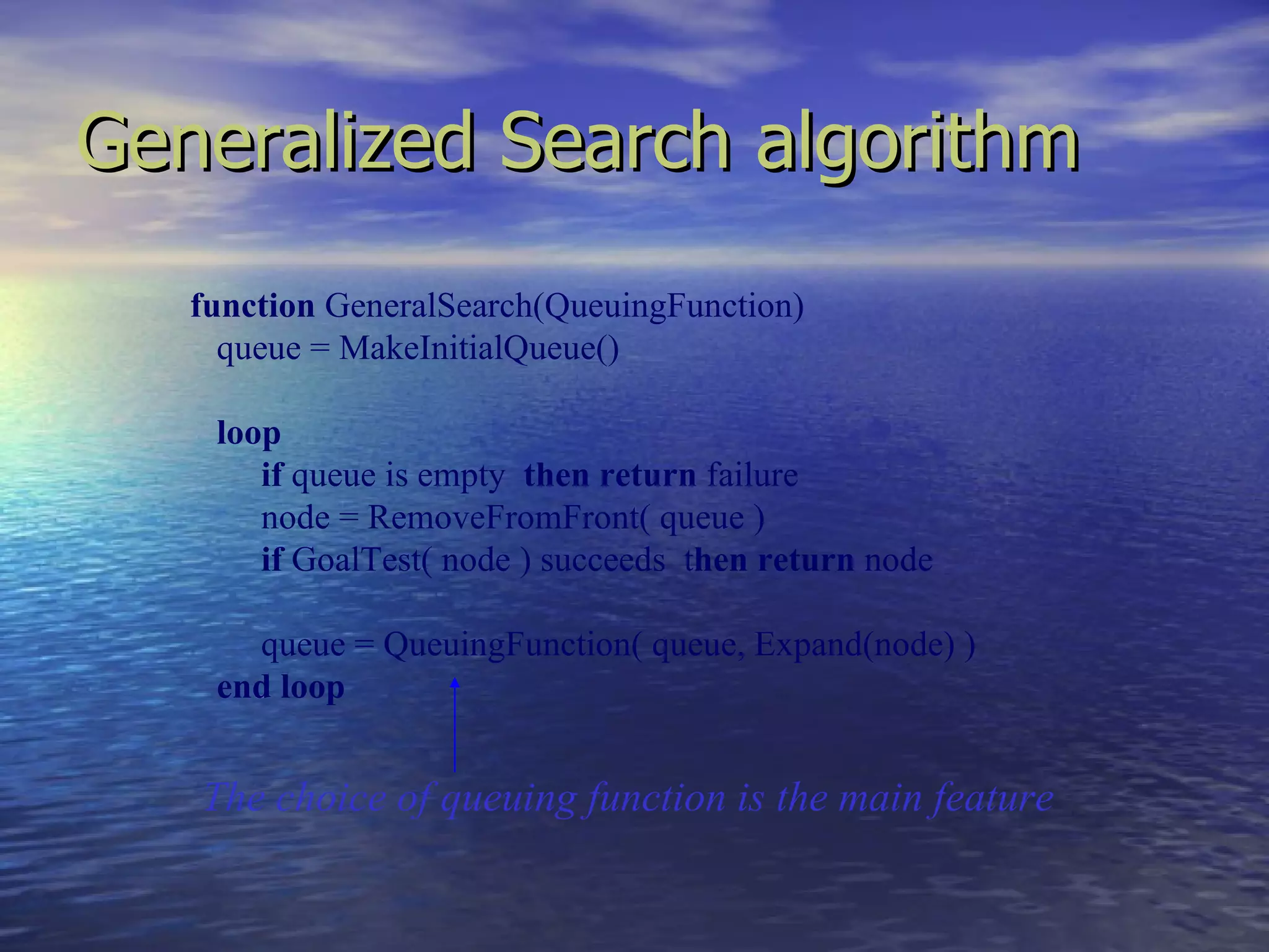 Generalized Search algorithm
   function GeneralSearch(QueuingFunction)
     queue = MakeInitialQueue()

    loop
       if queue is empty then return failure
       node = RemoveFromFront( queue )
       if GoalTest( node ) succeeds then return node

      queue = QueuingFunction( queue, Expand(node) )
    end loop


   The choice of queuing function is the main feature
 