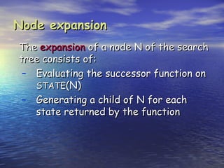Node expansion
The expansion of a node N of the search
tree consists of:
 – Evaluating the successor function on
   STATE(N)
 – Generating a child of N for each
   state returned by the function
 