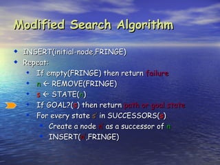 Modified Search Algorithm

 INSERT(initial-node,FRINGE)
 Repeat:
      If empty(FRINGE) then return failure
      n  REMOVE(FRINGE)
      s  STATE(n)
      If GOAL?(s) then return path or goal state
      For every state s’ in SUCCESSORS(s)
         Create a node n’ as a successor of n
         INSERT(n’,FRINGE)
 