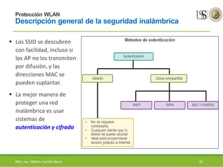 Protección WLAN
Descripción general de la seguridad inalámbrica
 Los SSID se descubren
con facilidad, incluso si
los AP no los transmiten
por difusión, y las
direcciones MAC se
pueden suplantar.
 La mejor manera de
proteger una red
inalámbrica es usar
sistemas de
autenticación y cifrado
MSc. Ing. Gilberto Carrión Barco 25
 