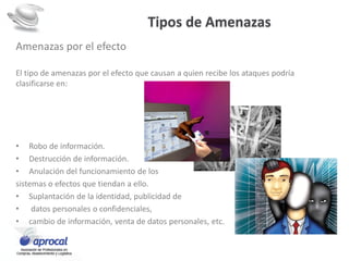 Tipos de Amenazas
Amenazas por el efecto
El tipo de amenazas por el efecto que causan a quien recibe los ataques podría
clasificarse en:
• Robo de información.
• Destrucción de información.
• Anulación del funcionamiento de los
sistemas o efectos que tiendan a ello.
• Suplantación de la identidad, publicidad de
• datos personales o confidenciales,
• cambio de información, venta de datos personales, etc.
 