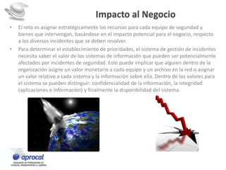 Impacto al Negocio
• El reto es asignar estratégicamente los recursos para cada equipo de seguridad y
bienes que intervengan, basándose en el impacto potencial para el negocio, respecto
a los diversos incidentes que se deben resolver.
• Para determinar el establecimiento de prioridades, el sistema de gestión de incidentes
necesita saber el valor de los sistemas de información que pueden ser potencialmente
afectados por incidentes de seguridad. Esto puede implicar que alguien dentro de la
organización asigne un valor monetario a cada equipo y un archivo en la red o asignar
un valor relativo a cada sistema y la información sobre ella. Dentro de los valores para
el sistema se pueden distinguir: confidencialidad de la información, la integridad
(aplicaciones e información) y finalmente la disponibilidad del sistema.
 