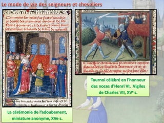 Tournoi célébré en l'honneur
des noces d'Henri VI, Vigiles
de Charles VII, XVe s.

La cérémonie de l’adoubement,
miniature anonyme, XVe s.

 