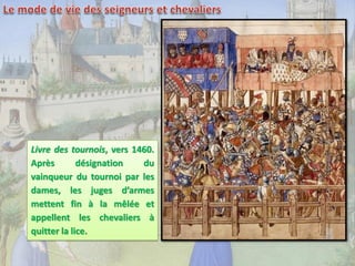 Livre des tournois, vers 1460.
Après
désignation
du
vainqueur du tournoi par les
dames, les juges d’armes
mettent fin à la mêlée et
appellent les chevaliers à
quitter la lice.

Tournoi célébré en l'honneur
des noces d'Henri VI, Vigiles
de Charles VII, XVe s.

 