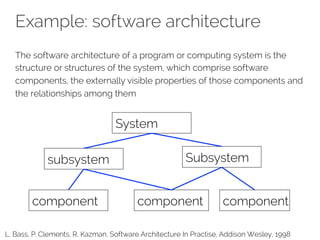 Example: software architecture 
The software architecture of a program or computing system is the 
structure or structures of the system, which comprise software 
components, the externally visible properties of those components and 
the relationships among them 
System 
subsystem Subsystem 
component component component 
L. Bass, P. Clements, R. Kazman, Software Architecture In Practise, Addison Wesley, 1998 
 