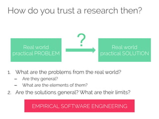 How do you trust a research then? 
Real world 
practical PROBLEM 
Real world 
practical SOLUTION 
? 
1. What are the problems from the real world? 
– Are they general? 
– What are the elements of them? 
2. Are the solutions general? What are their limits? 
EMPIRICAL SOFTWARE ENGINEERING 
 
