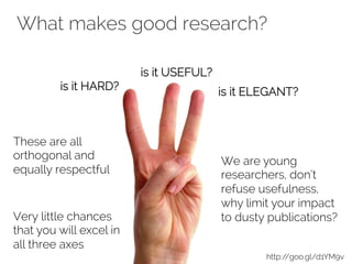 What makes good research? 
is it HARD? 
is it USEFUL? 
is it ELEGANT? 
These are all 
orthogonal and 
equally respectful 
Very little chances 
that you will excel in 
all three axes 
We are young 
researchers, don’t 
refuse usefulness, 
why limit your impact 
to dusty publications? 
http://goo.gl/d1YM9v 
 