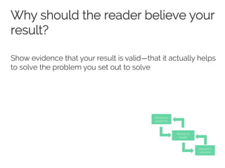 Why should the reader believe your 
result? 
Show evidence that your result is valid—that it actually helps 
to solve the problem you set out to solve 
 