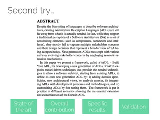 Second try… 
State of 
the art 
Overall 
contribution 
Specific 
results Validation 
 