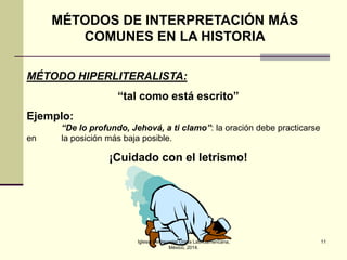 MÉTODOS DE INTERPRETACIÓN MÁS
COMUNES EN LA HISTORIA
MÉTODO HIPERLITERALISTA:
“tal como está escrito”

Ejemplo:
en

“De lo profundo, Jehová, a ti clamo”: la oración debe practicarse
la posición más baja posible.

¡Cuidado con el letrismo!

Iglesia Pentecostal Unida Latinoamericana,
México, 2014.

11

 