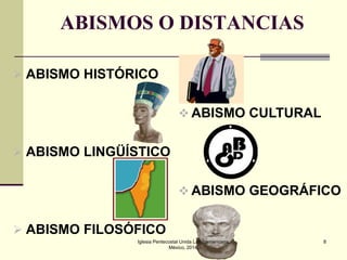 ABISMOS O DISTANCIAS
 ABISMO HISTÓRICO
 ABISMO CULTURAL
 ABISMO LINGÜÍSTICO

 ABISMO GEOGRÁFICO
 ABISMO FILOSÓFICO
Iglesia Pentecostal Unida Latinoamericana,
México, 2014.

8

 