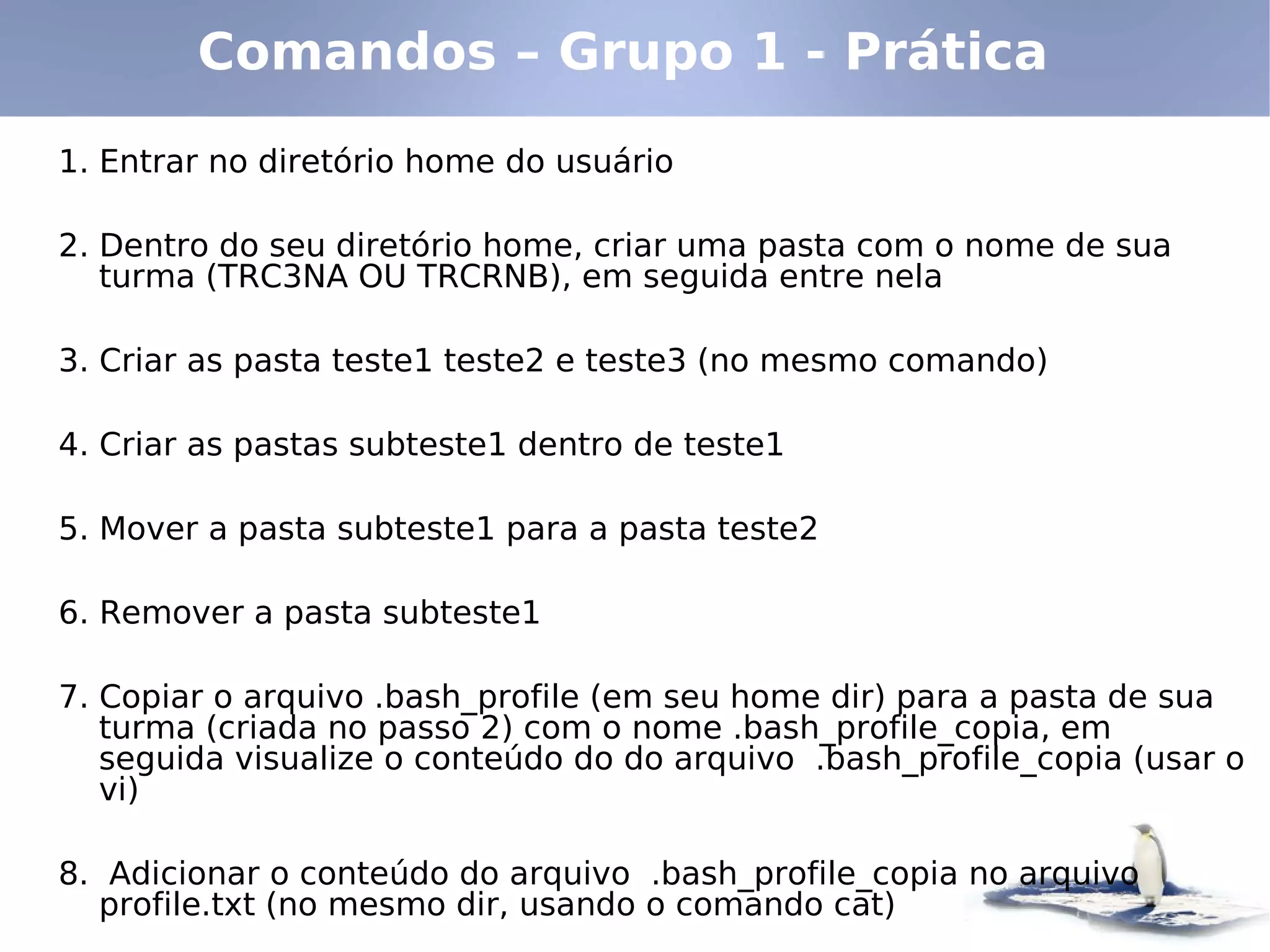Comandos – Grupo 1 - Prática

1. Entrar no diretório home do usuário

2. Dentro do seu diretório home, criar uma pasta com o nome de sua
   turma (TRC3NA OU TRCRNB), em seguida entre nela

3. Criar as pasta teste1 teste2 e teste3 (no mesmo comando)

4. Criar as pastas subteste1 dentro de teste1

5. Mover a pasta subteste1 para a pasta teste2

6. Remover a pasta subteste1

7. Copiar o arquivo .bash_profile (em seu home dir) para a pasta de sua
   turma (criada no passo 2) com o nome .bash_profile_copia, em
   seguida visualize o conteúdo do do arquivo .bash_profile_copia (usar o
   vi)

8. Adicionar o conteúdo do arquivo .bash_profile_copia no arquivo
  profile.txt (no mesmo dir, usando o comando cat)
 
