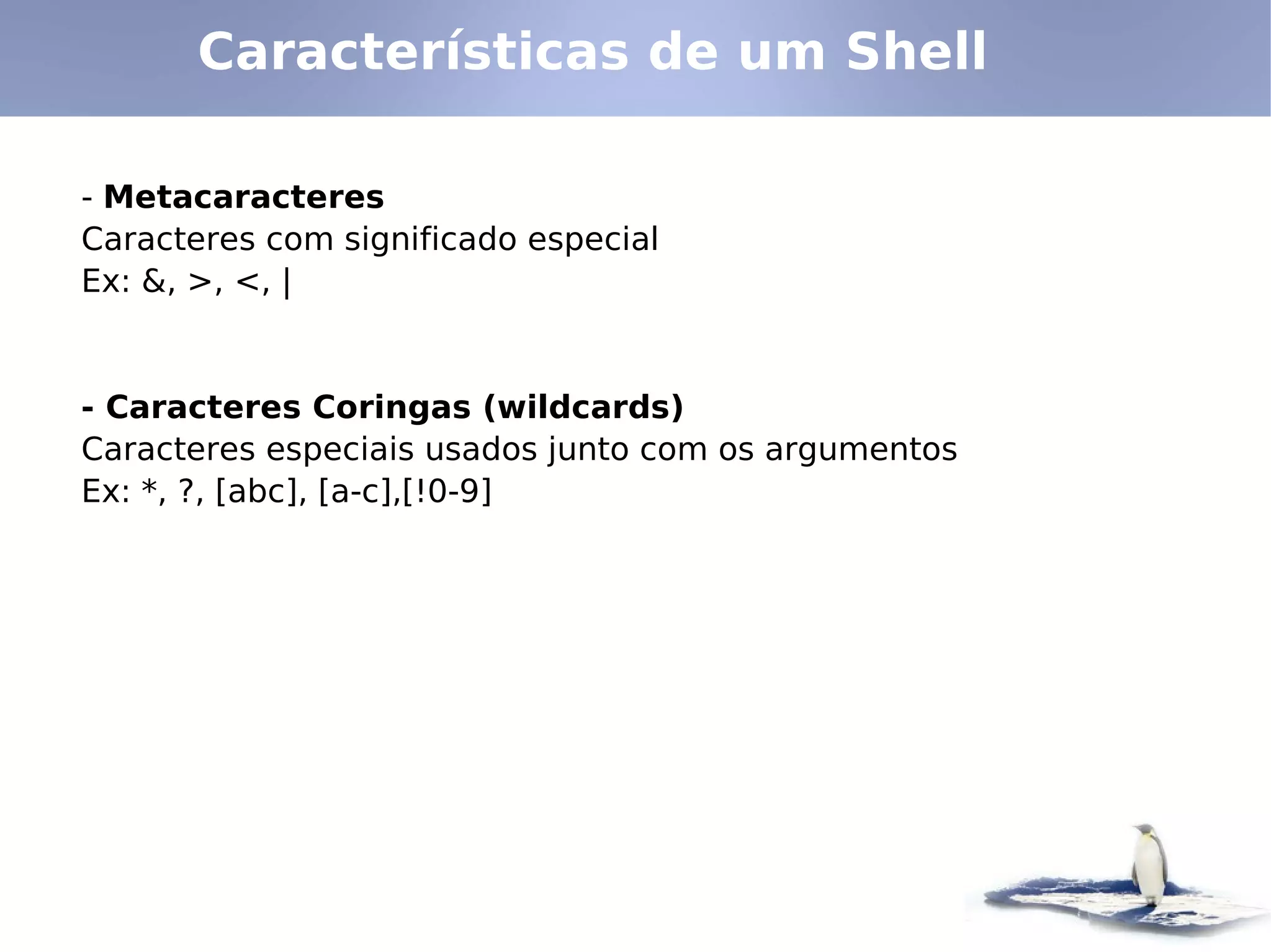 Características de um Shell

- Metacaracteres
Caracteres com significado especial
Ex: &, >, <, |


- Caracteres Coringas (wildcards)
Caracteres especiais usados junto com os argumentos
Ex: *, ?, [abc], [a-c],[!0-9]
 