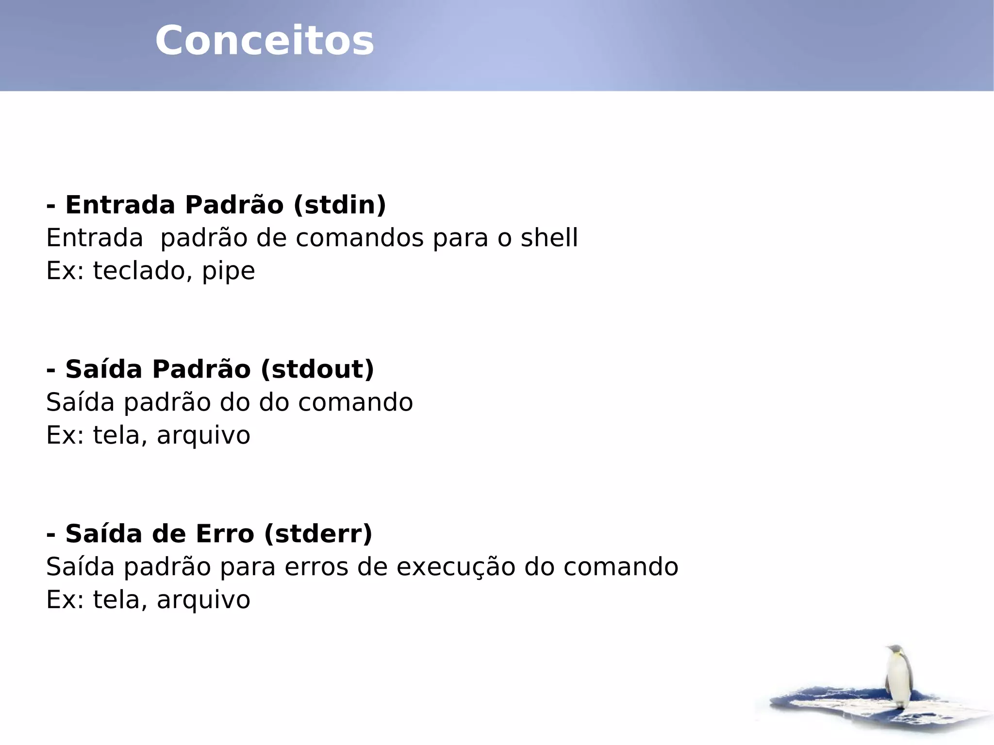 Conceitos


- Entrada Padrão (stdin)
Entrada padrão de comandos para o shell
Ex: teclado, pipe


- Saída Padrão (stdout)
Saída padrão do do comando
Ex: tela, arquivo


- Saída de Erro (stderr)
Saída padrão para erros de execução do comando
Ex: tela, arquivo
 