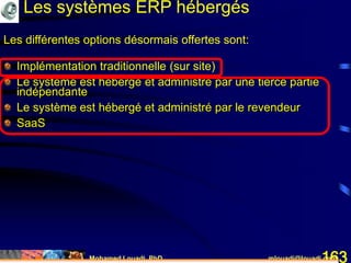 Mohamed Louadi, PhD mlouadi@louadi.com163
Les systèmes ERP hébergés
Les différentes options désormais offertes sont:
Implémentation traditionnelle (sur site)
Le système est hébergé et administré par une tierce partie
indépendante
Le système est hébergé et administré par le revendeur
SaaS
 