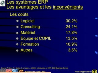 Mohamed Louadi, PhD mlouadi@louadi.com88
• Logiciel
• Consulting
• Matériel
• Équipe et COPIL
• Formation
• Autres
Les coûts
Source: Andreu, R., Sieber, S. et Valor, J. (2003). Introduction to ERP, IESE Business School.
30,2%
24,1%
17,8%
13,5%
10,9%
3,5%
Les systèmes ERP
Les avantages et les inconvénients
 