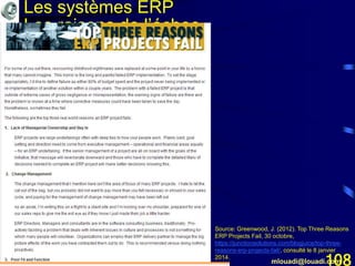 Mohamed Louadi, PhD mlouadi@louadi.com108
Les systèmes ERP
Les raisons de l’échec
Source: Greenwood, J. (2012). Top Three Reasons
ERP Projects Fail, 30 octobre,
https://junctionsolutions.com/blogjuice/top-three-
reasons-erp-projects-fail/, consulté le 8 janvier
2014.
 