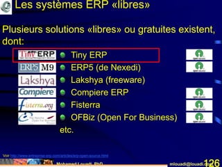 Mohamed Louadi, PhD mlouadi@louadi.com126
Plusieurs solutions «libres» ou gratuites existent,
dont:
Tiny ERP
ERP5 (de Nexedi)
Lakshya (freeware)
Compiere ERP
Fisterra
OFBiz (Open For Business)
etc.
Voir http://www.entreprise-erp.com/articles/erp-open-source.html
Les systèmes ERP «libres»
 