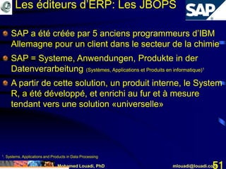 Mohamed Louadi, PhD mlouadi@louadi.com51
1. Systems, Applications and Products in Data Processing
Les éditeurs d’ERP: Les JBOPS
SAP a été créée par 5 anciens programmeurs d’IBM
Allemagne pour un client dans le secteur de la chimie
SAP = Systeme, Anwendungen, Produkte in der
Datenverarbeitung (Systèmes, Applications et Produits en informatique)1
A partir de cette solution, un produit interne, le System
R, a été développé, et enrichi au fur et à mesure
tendant vers une solution «universelle»
 