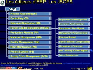 Mohamed Louadi, PhD mlouadi@louadi.com56
Organizational Management
Personnel Administration
Recruitment Time Mgmnt
Management Personnel Cost
Planning Budget
Payroll Benefits Compensation
Management Personnel
Dev. Training & Event Mgmnt
Travel Management
Finance Accounting (FI)
Controlling (CO)
Sales and Distribution (SD)
Human Capital Management (HCM)
Production Planning (PP)
Materials Management (MM)
Quality Management (QM)
Plant Maintenance (PM)
Project Systems (PS)
Supply Chain Management (SCM)
Source: SAP Training Tutorials (2014). About SAP Modules - SAP Modules List Overview, http://www.saponlinetutorials.com/about-
sap-modules-sap-modules-list-overview/, consulté le 24 janvier 2014.
Les éditeurs d’ERP: Les JBOPS
 