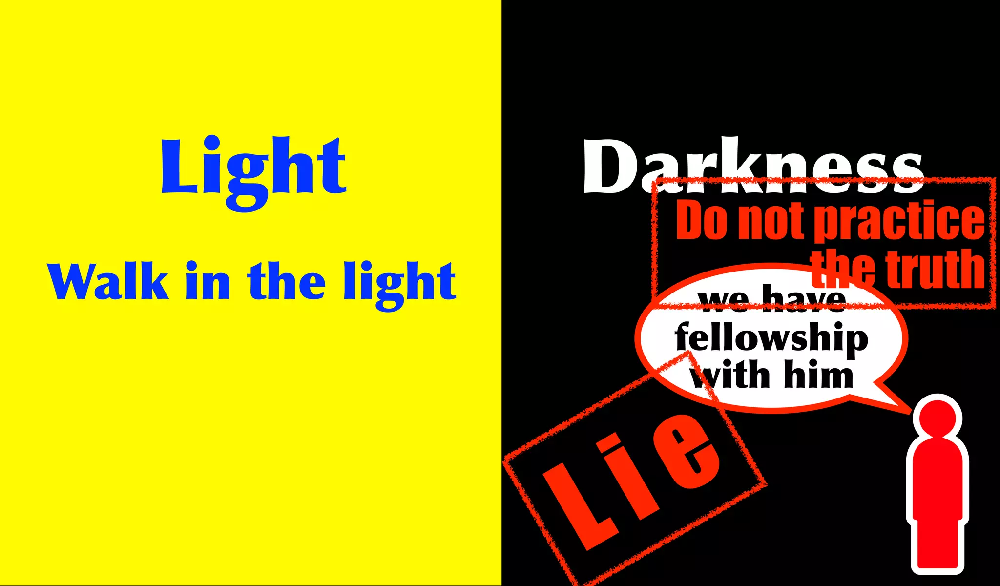 Light           Darkness
                       Do not practice
Walk in the light             the truth
                        we have
                       fellowship
                        with him



                    L i e
 