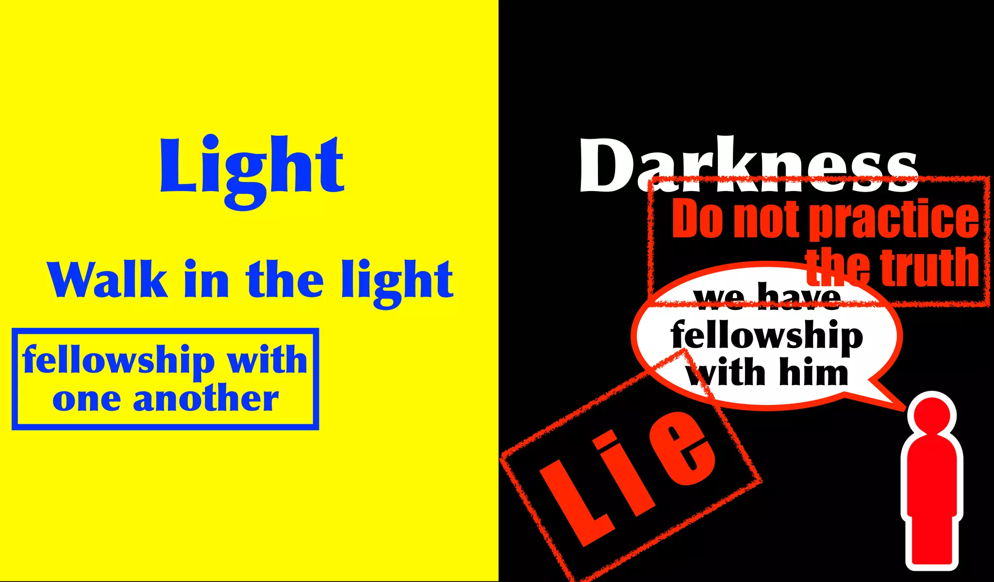 Light          Darkness
                        Do not practice
 Walk in the light             the truth
                         we have
                        fellowship
fellowship with          with him
  one another


                     L i e
 