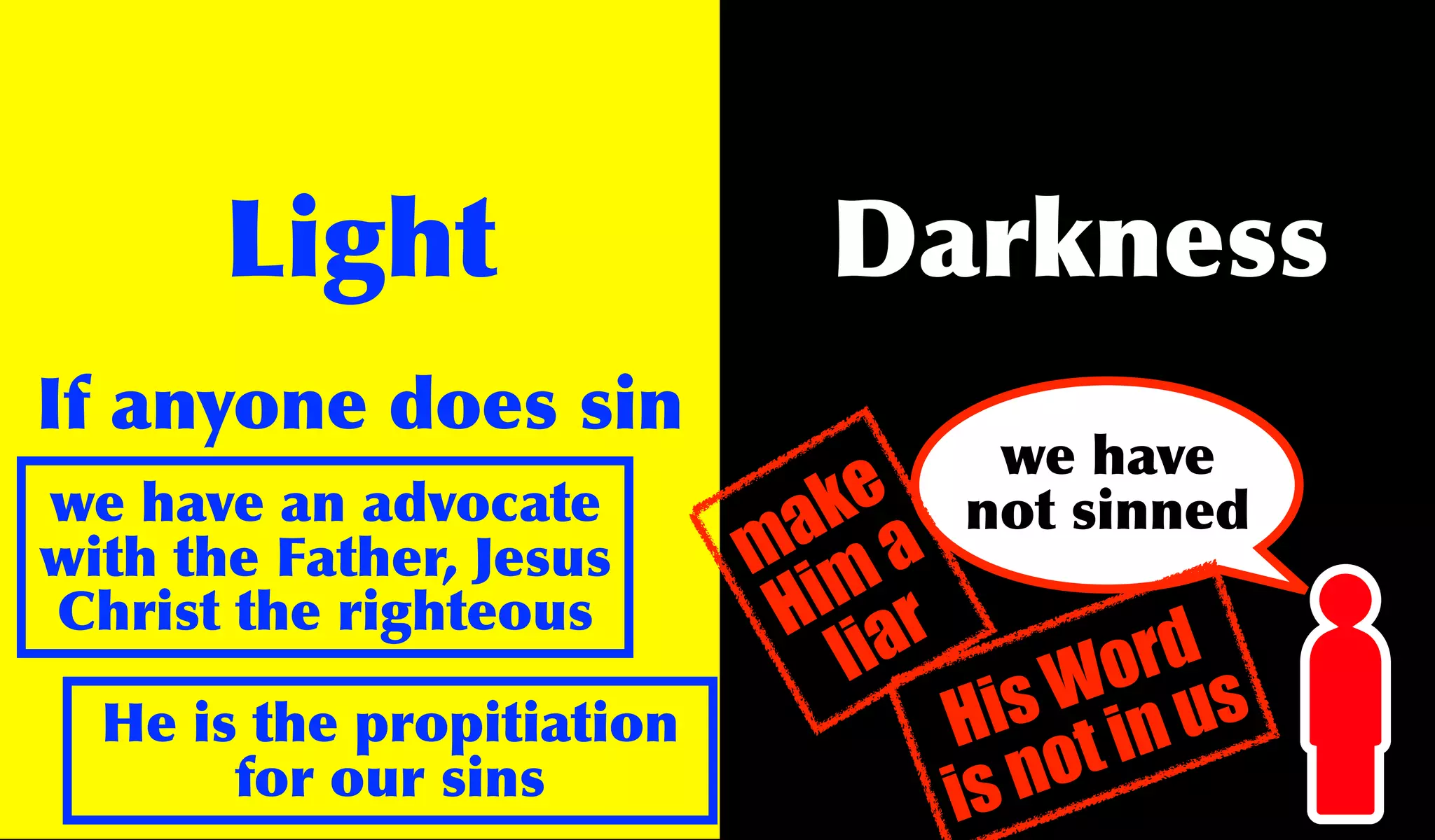 Light                 Darkness
If anyone does sin
                                     we have
we have an advocate           k
                            a a e   not sinned
with the Father, Jesus     m m
Christ the righteous         i r
                            H ia
                               l           rd
                                          o s
                                        W u
  He is the propitiation              is in
                                    H t
       for our sins                 is no
 