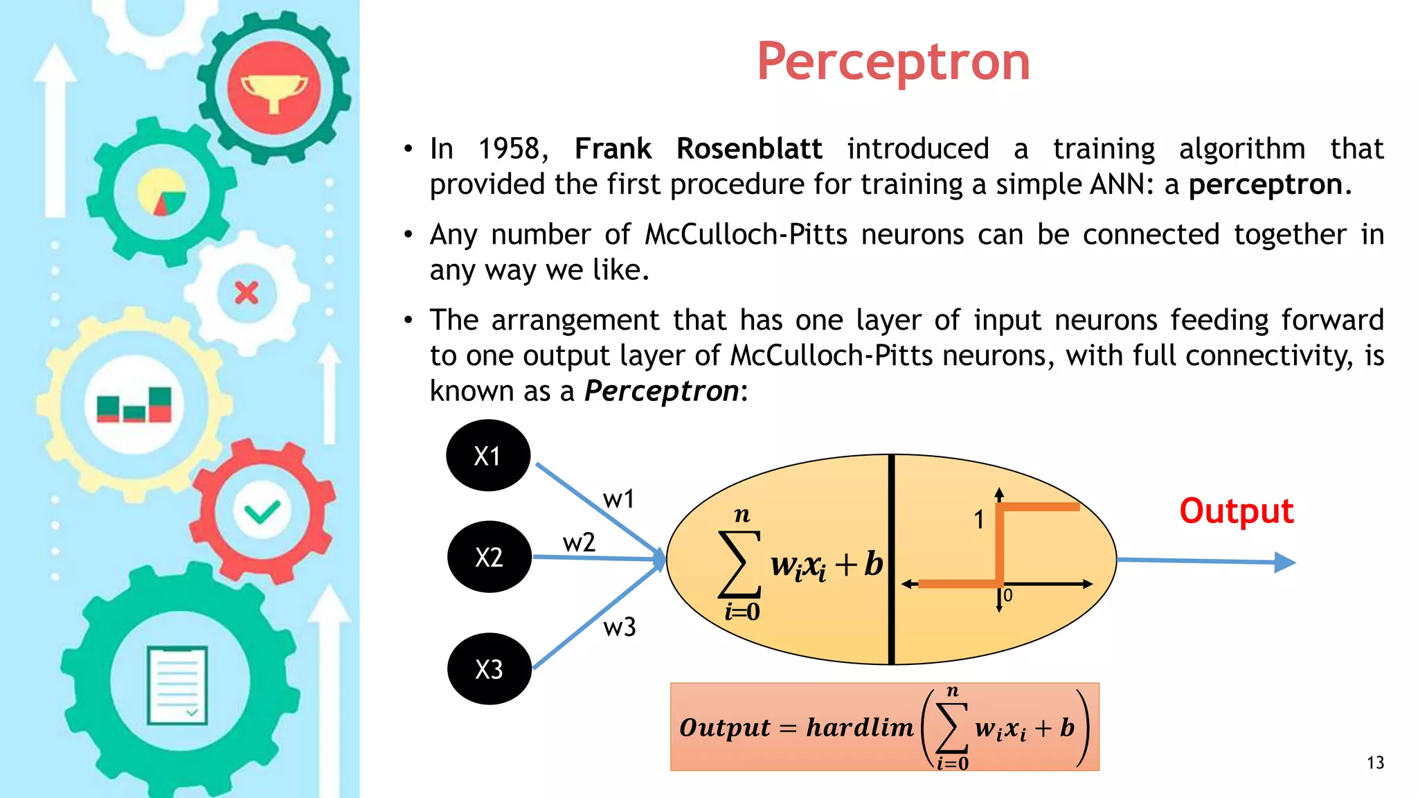 Perceptron
• In 1958, Frank Rosenblatt introduced a training algorithm that
provided the first procedure for training a simple ANN: a perceptron.
• Any number of McCulloch-Pitts neurons can be connected together in
any way we like.
• The arrangement that has one layer of input neurons feeding forward
to one output layer of McCulloch-Pitts neurons, with full connectivity, is
known as a Perceptron:
13
𝒊= 𝟎
𝒏
𝒘𝒊 𝒙𝒊 +𝒃
1
0
X1
X2
X3
w1
w2
w3
Output
𝑶𝒖𝒕𝒑𝒖𝒕 = 𝒉𝒂𝒓𝒅𝒍𝒊𝒎
𝒊=𝟎
𝒏
𝒘𝒊 𝒙𝒊 + 𝒃
 