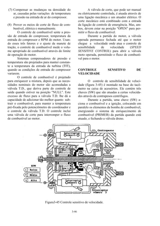 3-46
(7) Compensar as mudanças na densidade do
ar, causadas pelas variações de temperatura
e pressão na entrada de ar do compressor.
(8) Prover os meios de corte de fluxo de com-
bustível, elétrica e manualmente.
O controle de combustível sente a pres-
são de entrada do compressor, temperatura da
entrada do compressor e RPM do motor. Usan-
do esses três fatores e o ajuste da manete de
tração, o controle de combustível mede o volu-
me apropriado de combustível através do limite
de operação do motor.
Sistemas compensadores de pressão e
temperatura são projetados para manter constan-
te a temperatura da entrada da turbina (TIT),
quando as condições de entrada do compressor
variarem.
O controle de combustível é projetado
para enriquecer a mistura, depois que as neces-
sidades nominais do motor são acomodadas a
válvula T.D., que deriva parte do controle de
saída quando estiver na posição "NULL". Este
excesso de fluxo para a válvula T.D. lhe dá a
capacidade de adicionar tão melhor quanto sub-
trair o combustível, para manter a temperatura
pré-fixada pelo potenciômetro do coordenador e
o controle da válvula T.D. O controle inclui
uma válvula de corte para interromper o fluxo
de combustível ao motor.
A válvula de corte, que pode ser manual
ou eletricamente controlada, é atuada através de
uma ligação mecânica e um atuador elétrico. O
corte mecânico está combinado com a entrada
da ligação de controle de emergência. Mas, am-
bos, devem estar na posição "OPEN" para per-
mitir o fluxo de combustível.
Durante a partida do motor, a válvula
operada permanece fechada até que o motor
chegue a velocidade onde atua o controle de
sensibilidade de velocidade (SPEED
SENSITIVE CONTROL) para abrir a válvula
moto operada, permitindo o fluxo de combustí-
vel para o motor.
CONTROLE SENSITIVO DE
VELOCIDADE
O controle de sensibilidade de veloci-
dade (figura 3-45) é montado na base do tacô-
metro na caixa de acessórios. Ele contém três
chaves (SW) que são atuadas a certas velocida-
des através de contrapesos centrífugos.
Durante a partida, uma chave (SW) a-
ciona o combustível e a ignição, colocando em
paralelo os elementos da bomba de combustível,
energizando o sistema de enriquecimento de
combustível (PRIMER) da partida quando está
atuado, e fechando a válvula dreno.
Figura3-45 Controle sensitivo de velocidade.
 