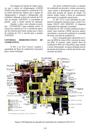 3-48
Nos ângulos da manete de tração meno-
res que o ponto de ultrapassagem, (CROSS
OVER) essas chaves mantêm o controle de T.D.
no limite operacional. Depois que o ângulo de
ultrapassagem é atingido e ultrapassado, elas
realinham oQuando a chave de controle de T.D.
está na posição "LOCKED", é comandada de
partida para o limite normal de operação.
Quando a chave está colocada na posi-
ção "AUTOMATIC" outra condição ocorre. O
sistema de controle da T.D. é trocado da opera-
ção de controle para limite sempre que a chave
de controle da T.D. é movida para a posição
"LOCKED".
CONTROLE HIDROMECÂNICO DE
COMBUSTÍVEL
O JFC ( Jet Fuel Control ) projeta a
quantidade de fluxo de combustível necessária
para o motor Turbojato.
Isto provê combustível para as câmaras
de combustão em pressão e volume necessários,
−para manter o desempenho do motor progra-
mado pela posição da manete de tração. Ao
mesmo tempo, limita o fluxo de combustível
para manter as condições operacionais.
O JFC 12-11 é um controlador de com-
bustível totalmente mecânico para o motor Tur-
bojato PRATT AND WHITNEY. O diagrama
esquemático de operação é mostrado.
O propósito do JFC é medir combustível para o
motor, para controlar a RPM, prevenir supera-
quecimento e excesso de combustível, ou parada
do motor por falta de combustível.
Isto é conseguido pelo suprimento de si-
nais da RPM do motor (N2) e pressão de quei-
ma (PB). O controle, então, projeta fluxo de
combustível (Wf) em Libras/Hora, para manter
o motor funcionando no ajuste desejado através
da manete de potência, e dentro dos limites ope-
racionais do motor.
Figura 3-46 Diagrama da operação do controlador de combustível JFC12-11.
 