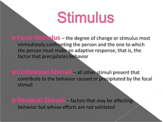 ⦿Focal Stimulus – the degree of change or stimulus most
immediately confronting the person and the one to which
the person must make an adaptive response, that is, the
factor that precipitates behavior
⦿Contextual Stimuli – all other stimuli present that
contribute to the behavior caused or precipitated by the focal
stimuli
⦿Residual Stimuli – factors that may be affecting
behavior but whose efforts are not validated
 