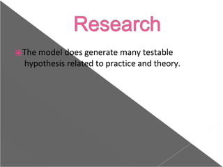 ⦿The model does generate many testable
hypothesis related to practice and theory.
 