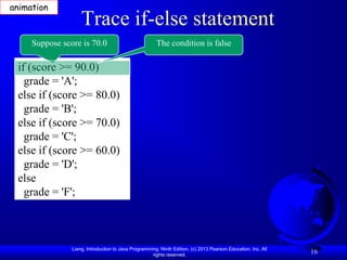 animation
                    Trace if-else statement
     Suppose score is 70.0                             The condition is false

 if (score >= 90.0)
   grade = 'A';
 else if (score >= 80.0)
   grade = 'B';
 else if (score >= 70.0)
   grade = 'C';
 else if (score >= 60.0)
   grade = 'D';
 else
   grade = 'F';



                Liang, Introduction to Java Programming, Ninth Edition, (c) 2013 Pearson Education, Inc. All
                                                     rights reserved.
                                                                                                               16
 