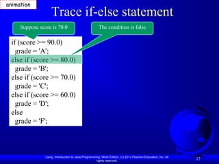 animation
                    Trace if-else statement
     Suppose score is 70.0                             The condition is false

 if (score >= 90.0)
   grade = 'A';
 else if (score >= 80.0)
   grade = 'B';
 else if (score >= 70.0)
   grade = 'C';
 else if (score >= 60.0)
   grade = 'D';
 else
   grade = 'F';



                Liang, Introduction to Java Programming, Ninth Edition, (c) 2013 Pearson Education, Inc. All
                                                     rights reserved.
                                                                                                               17
 