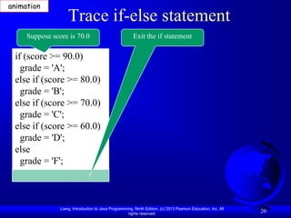 animation
                    Trace if-else statement
     Suppose score is 70.0                              Exit the if statement

 if (score >= 90.0)
   grade = 'A';
 else if (score >= 80.0)
   grade = 'B';
 else if (score >= 70.0)
   grade = 'C';
 else if (score >= 60.0)
   grade = 'D';
 else
   grade = 'F';



                Liang, Introduction to Java Programming, Ninth Edition, (c) 2013 Pearson Education, Inc. All
                                                     rights reserved.
                                                                                                               20
 